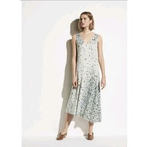Vince Floral Satin Midi V Neck Sleeveless Asymmetrical Shift Dress in Aloe XXS